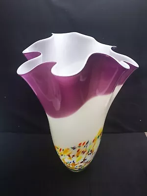 Massive Art Glass Ruffled Vase In White Purple & Coloured Confetti From Poland  • £29