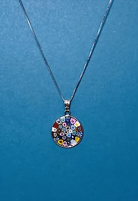 Vtg Sterling Silver Vincenza Italy Millefiori Floral Pendant & Arezzo Chain 16” • $49.50