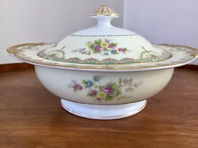 Meito China Covered Serving Dish Bowl Blue Green Rim Multicolored Florals 40 Oz. • $22