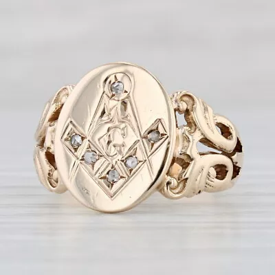 Victorian Diamond Masonic Signet Ring 10k Gold Size 9.25 Square Compass Antique • $799.99