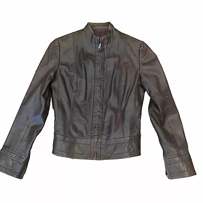 Zara Women Real Leather Jacket Biker Motorcycle Genuine Soft Brown Burgundy Coat • $43.20