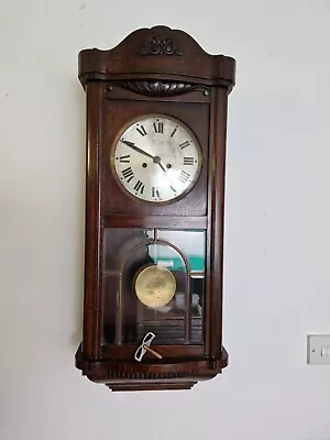 Large 34  Vintage Oak 8 Day Hand Wind Mechanical Wall Clock • $24.88