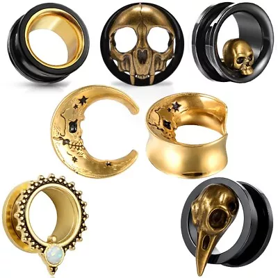 $12.99 • Buy PAIR Black With Gold Interior Screw Fit Tunnels Ear Plugs Earlet Gauges