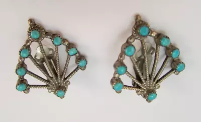 Vintage Sterling Silver Blue Turquoise Fan Design Clip-On Earrings Southwestern • $34.99