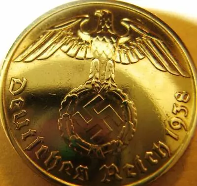 German 10 Reichspfennig 1938-Gold Coloured-Coin Third Reich-WWII-Antique Vintage • £17.95