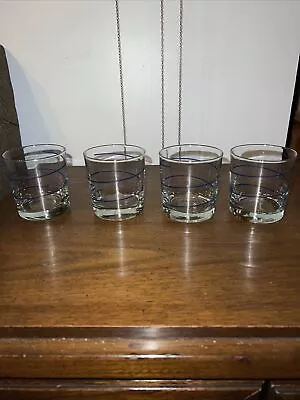 Vtg Mid Century Modern Set Of 4 Cocktail/ Whiskey Glasses Cobalt Blue Swirl Mint • $29