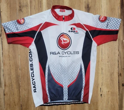 $25 • Buy CAPO R&A Cycles Brooklyn NY Full Zip Cycling White Red Short Sleeve Top Adult XL