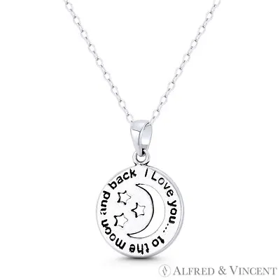 I Love You To The Moon & Back + Star Charm Oxidized .925 Sterling Silver Pendant • $20.39