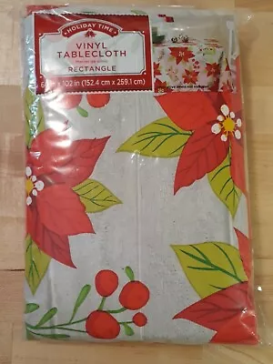 Christmas Rectangle Tablecloth 60 X 84   Red Vinyl Holiday Time Poinsettias  New • $6.95