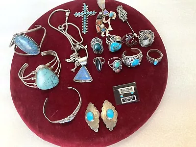 Vintage Native American Sterling Silver And Turquoise Jewelry Lot • £627.34