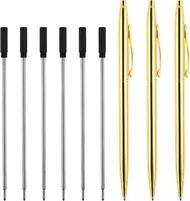 3 Pack Gold Ballpoint Pens With 6 Refills Slim Stainless Steel Metal Retractable • $9.83