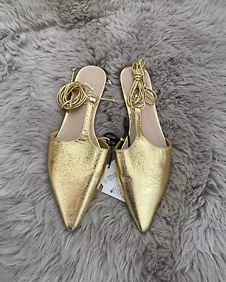  Zara  Gold Tied T-bar Mules  New Sizes Uk 4 Eu 37 • £12.99