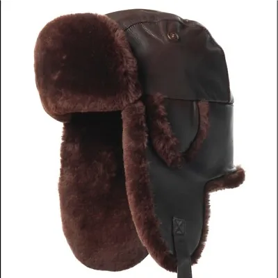 Crown Cap Brown Leather Shearling Aviator Hat Size XL $300 • $69.99