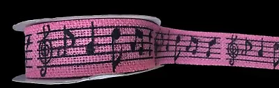 1m MUSIC NOTES BLACK NOTES On PINK JUTE WOVEN RIBBON 38mm • £2.40