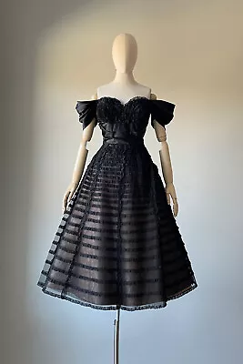 Vintage 50s 1950s Black Lace Tulle Prom Party Dress By Seymour Jacobson XS/S Sm  • $347
