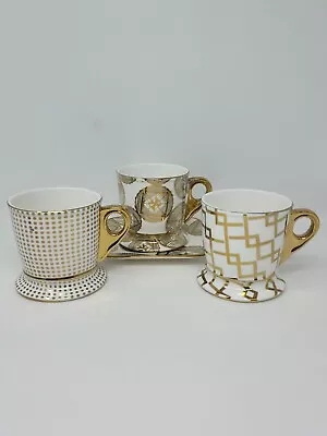 Set Of 3 Mary Kay White Porcelain Mugs & 1 Saucer With Gold Accents  • $29.99