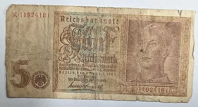 WWII GERMANY 1942 NAZI Era German 5 Marks Paper Money BANKNOTE (#C3554) • $8.95