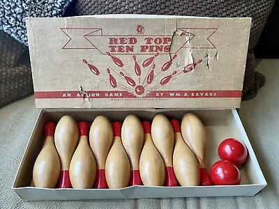 $209.95 • Buy Vintage Wooden RED TOP TEN PINS Mini Bowling Game W/Box Randolph,Vermont Savage