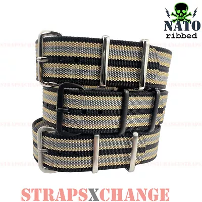 Ribbed Premium NATO® BLACK GREY TAN Corrugated Military Divers Watch Strap Band • $27.95