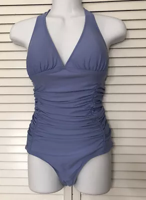 J CREW Women Swimsuit Bathing Sz 4 Halter Blue Periwinkle Ruched Padded 1 Piece • $10.49