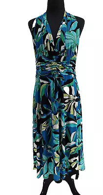 Evan-Picone Woman Blue Floral Fit Flare Midi Dress Sz 12 Ruching Stretch V Neck • $31.99