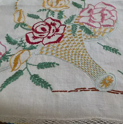 Vintage Hand Embroidered Table Runner With Crocheted Edges • $11.99