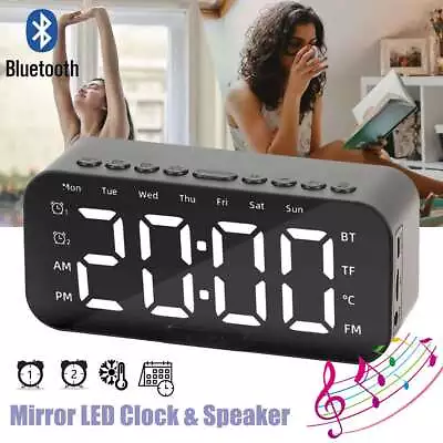 Wireless Bluetooth Digital Mirror LED Alarm Clock With Speaker MP3 Player Black • $12.39