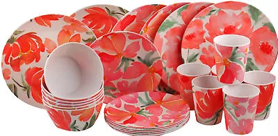 Melamine Plastic Dining Set - Plate Cups Bowl / Pink Blush Flowers - 24 Piece • £44.99