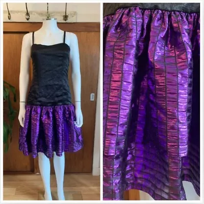 1980s Vintage Black Purple Metallic Shiny Prom Kitsch Hen Party Dress Uk 8-10 • £14.99