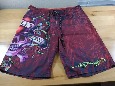 Ed Hardy Board Shorts Mens 36 Red Love Kills Slowly Skull Surf Swim Trunks • $24.99