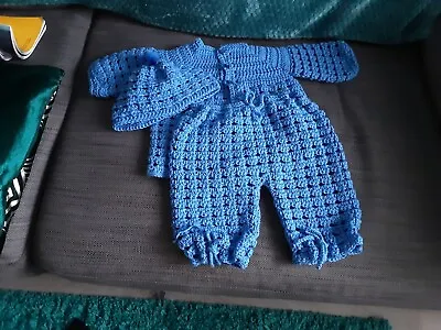 A New Hand Crochet Baby Boy Cardigan Trouser And Hat Set Blue 3 - 6 Months • £7.50