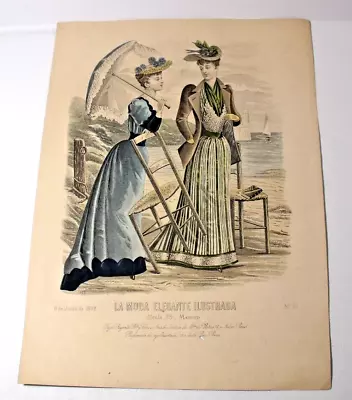 1892 Antique French Hand Colored LA MODE ELEGANTE ILLUSTRADA Fashion Print • $18