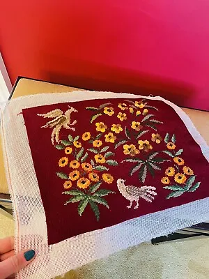 Vintage Handmade Needlepoint Burgundy Flower Bird Seat Cover 14x11” Cottage Farm • £35