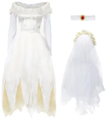 Ivory Ghost Bride Costume Ripped Halloween Fancy Dress Veil And Choker Dead • £26.19