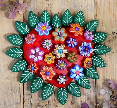 Heart Covered With Flowers Tree Of Life Style Handmade Clay Mexican Love Token • $56