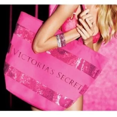 Victoria's Secret Hot Pink Sequins Jumbo Canvas Shoulder Tote Hobo Beach Bag • $13.99