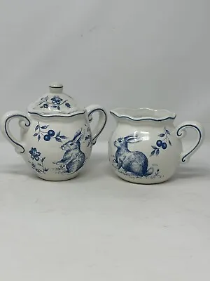 Maxcera Blue Bunny Rabbit Toile Creamer And Sugar Bowl With Lid NEW Easter HTF • $34.94