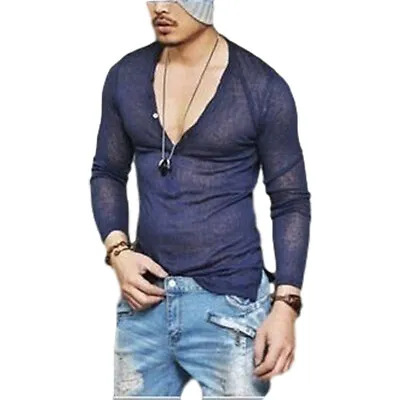 $13.15 • Buy Men's Fashion Sexy Slim Fit Shirts Deep V-Neck Long Sleeve Casual T-Shirt Tee