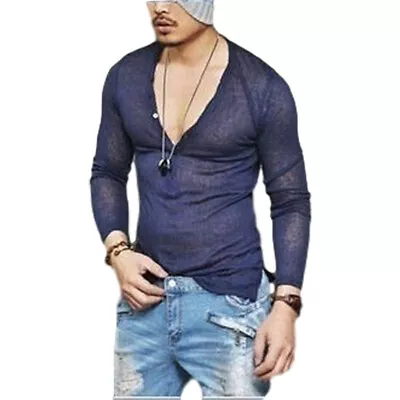 $13.15 • Buy Men's Fashion Sexy Slim Fit Shirts Deep V-Neck Long Sleeve Casual T-Shirt Tee
