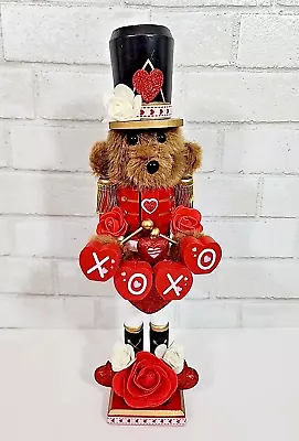 Valentines Day Red Hearts Teddy Bear Nutcracker  White Wooden 16  Love Gold NEW • $32.99