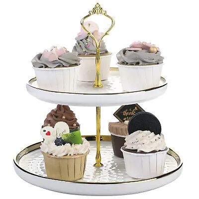 £35.90 • Buy 2 Tier Cupcake Stand - White Ceramic Hammered Pattern Tray Dessert Display Riser