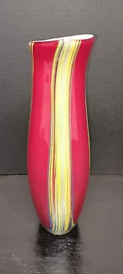 Vintage Encased Blown Art Glass Red Multicolor Stripe Vase Boho MCM 14  • $36