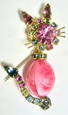 Vintage Pink Rhinestone Kitty Cat Pin Brooch Trembler Swivel Stomach Attitude • $45