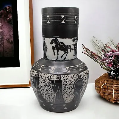 Vintage Hand-Carved Pottery Vase Black And White Egyptian Revival 9 1/2  Tall • $65