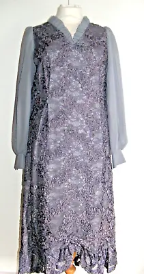 Vintage 1950s Ribbon Work Dress Grey Lace Chiffon Bishop Sleeve Size 14 UK  • £35