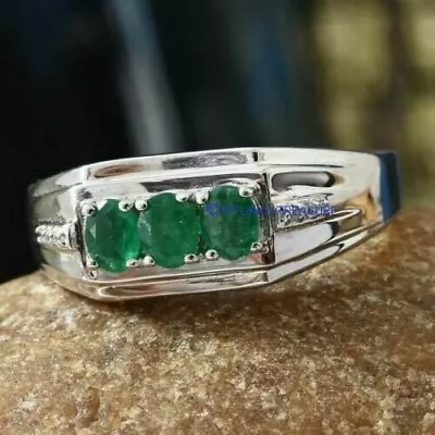 Natural Emerald & CZ Gemstones With 925 Sterling Silver Ring For Men's #4555 • $95