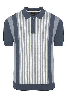 £54.99 • Buy Mens Merc London Striped Knitted Polo Shirt Northbrook - Slate Blue