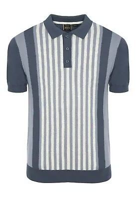 Mens Merc London Striped Knitted Polo Shirt Northbrook - Slate Blue • £54.99