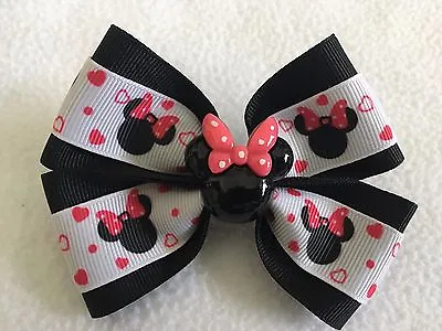 Girls Hair Bow 4  Wide Minnie Mouse Pink Hearts Black Ribbon French Barrette • $6.99