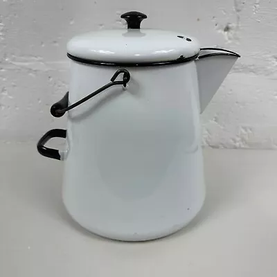 White Black Enamelware Enamel Ware Coffee Tea Pot 10  Tall Lid Looks Great • $35